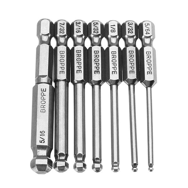 7pcs SAE 5/64-5/16 Inch 65mm Magnetic Ball Screwdriver Bit 1/4 Inch Hex Shank