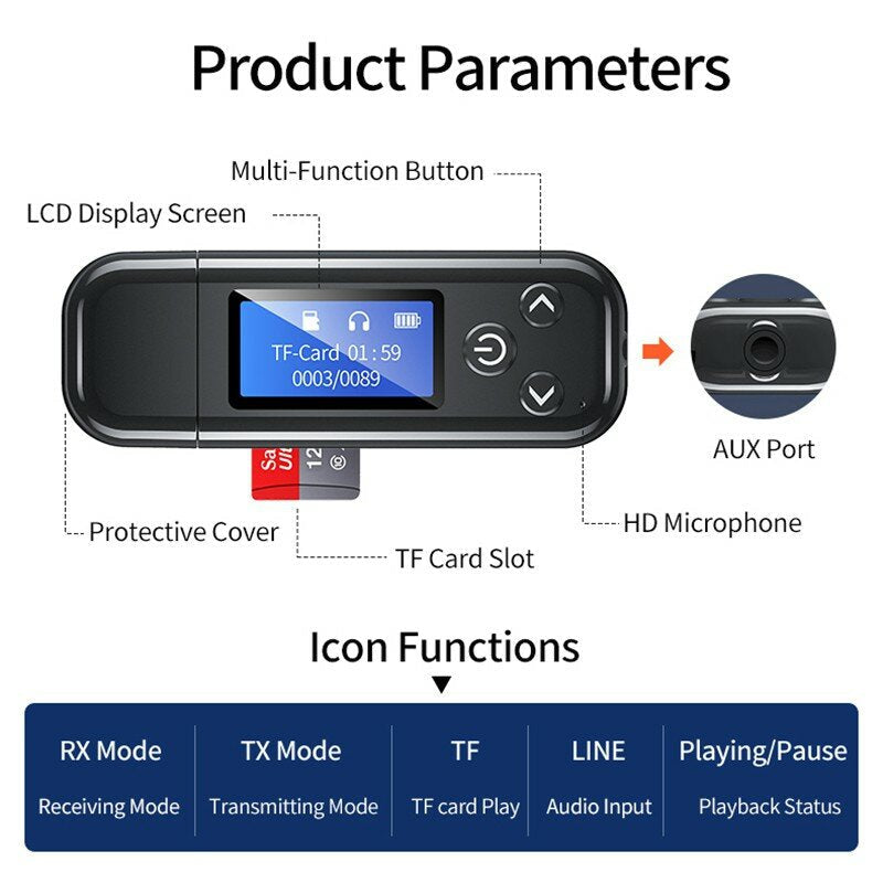 USB Bluetooth Adapter BT5.0 HD TF Card 3.5mm AUX-In 1700mAh LCD Digital Display Receiver Transmitter with Mic