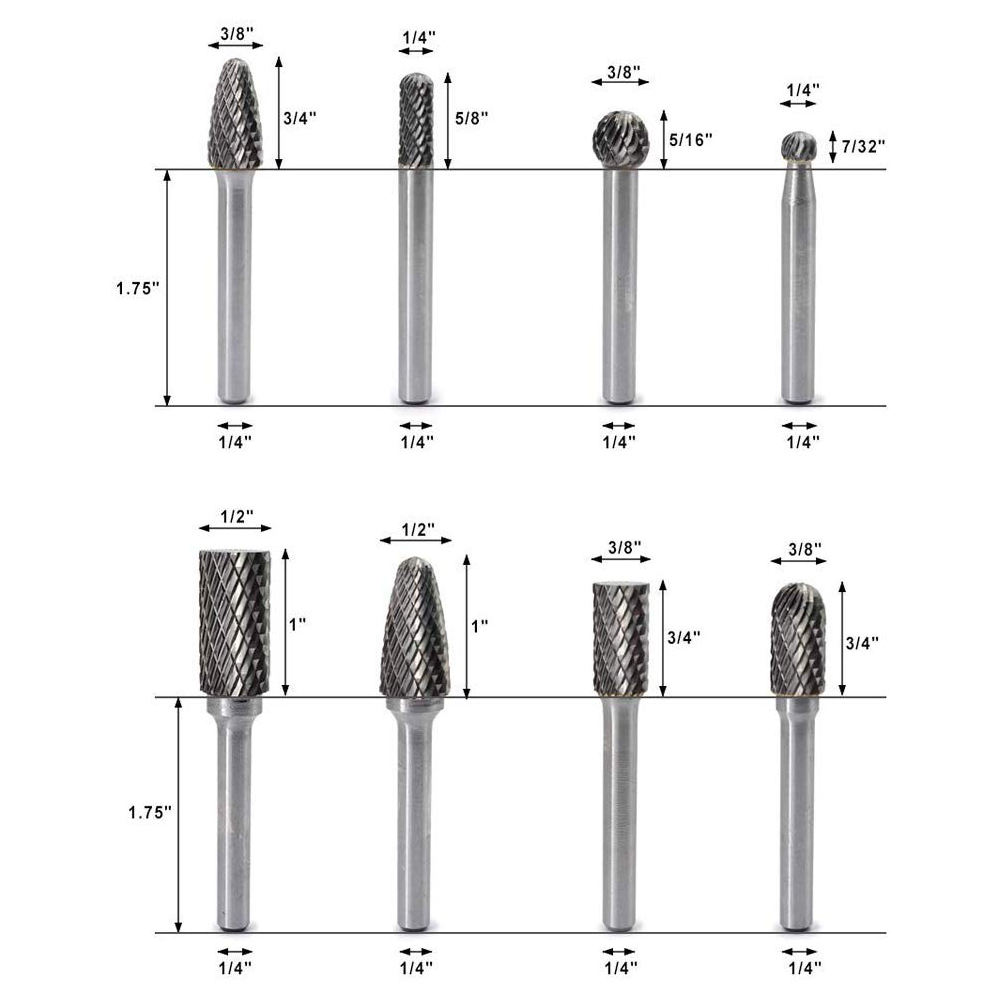 8PCS Carbide Burr Set with 1/4 Inch(6.35mm) Shank Double Cut Solid Carbide Rotary Burr Set