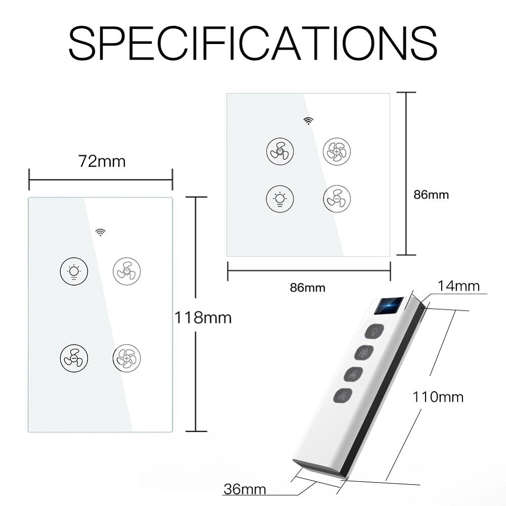 WiFi RF Smart Ceiling Fan Light Switch 2/3 Way Control Smart Life/Tuya APP RF Remote Speed Control Work with Alexa Google Home
