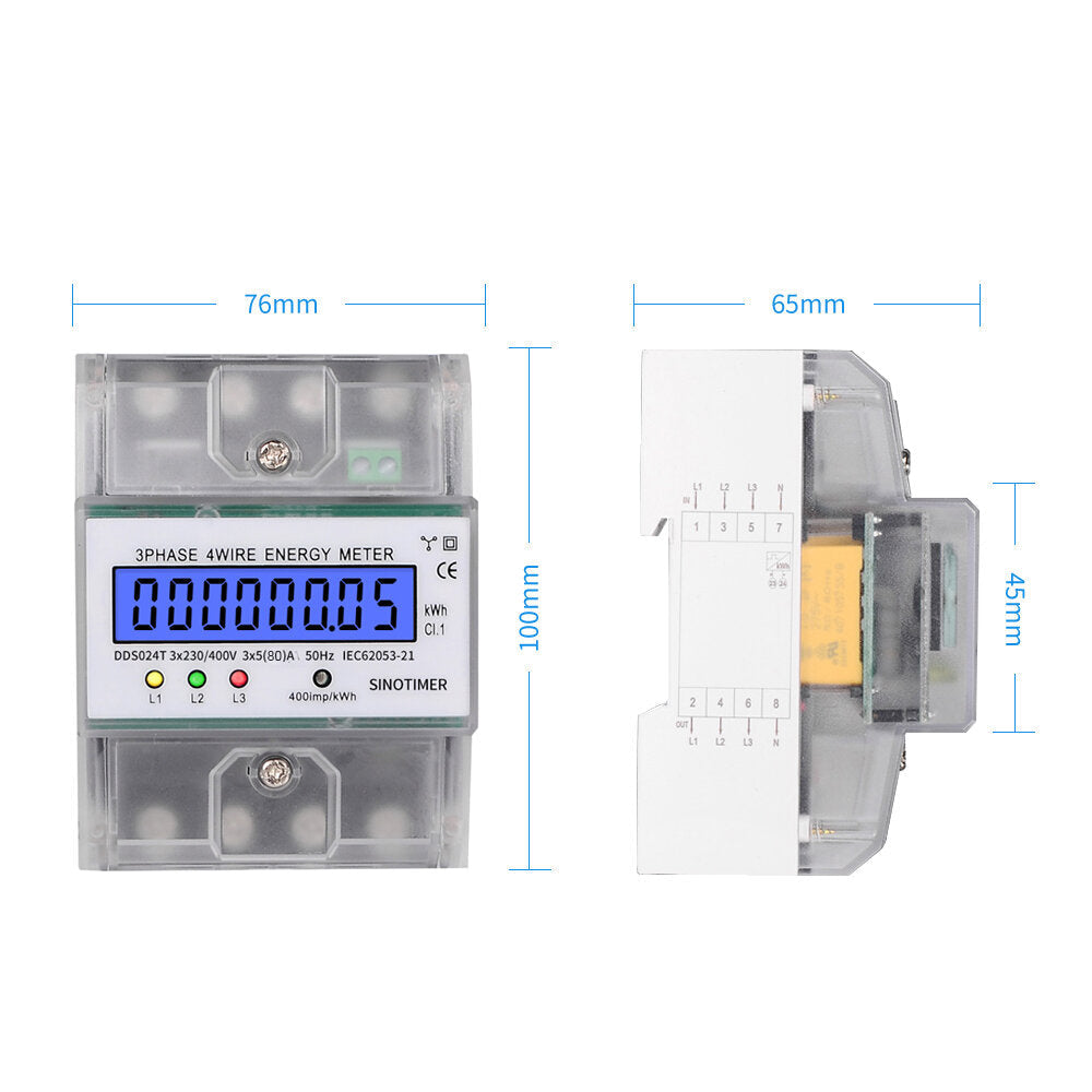 Electronic Watt Power Energy Meter 380V 80A 3 Phase 4 Wire Wattmeter kWh LCD Backlight Display With Transparent Cover