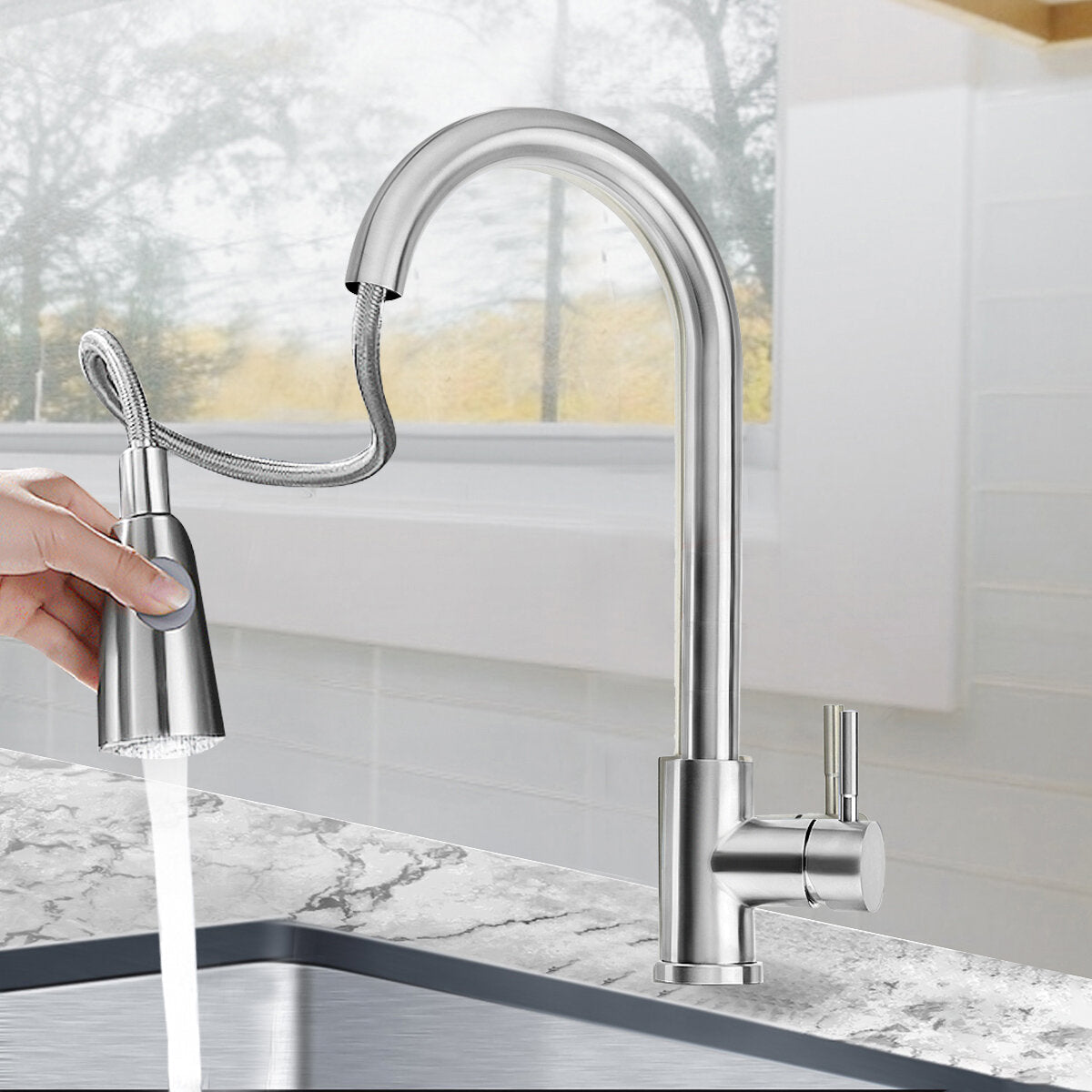 Kitchen Sink Faucet Pull Out Sprayer Head Two Water Spray Mode Stainless Steel Mixer Tap