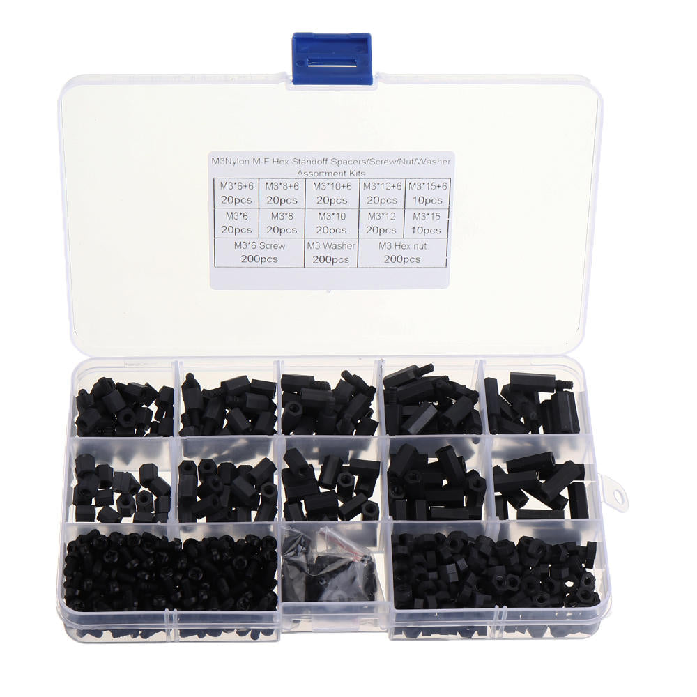M3NH17 780Pcs M3 Nylon Screw Black Hex Screw Nut PCB Standoff Spacer Column Assortment Kit
