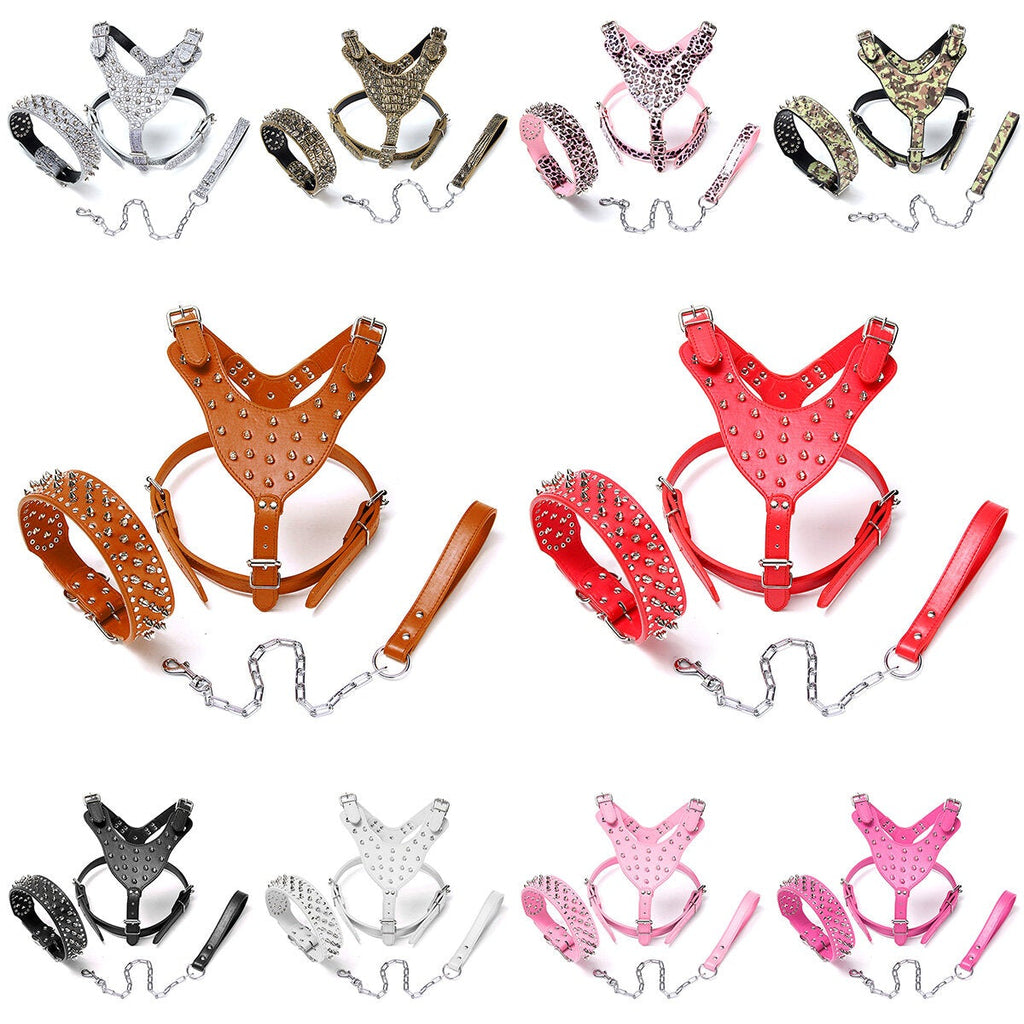 Leather Dog Harness Collar Leash Set Spiked Studded Staffy for Pet Security