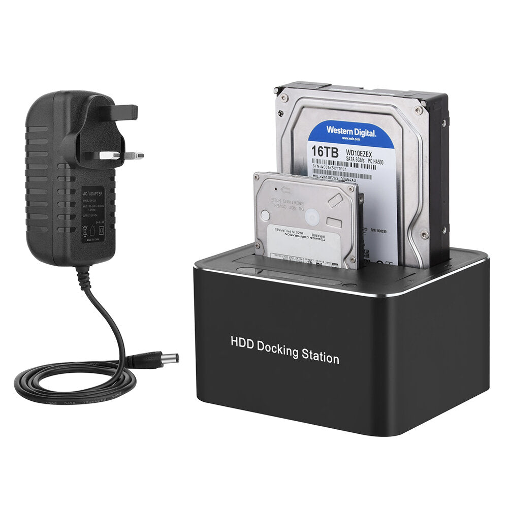 USB 3.0 to SATA Hard Drive Docking Station Off-Line Clone Function 5Gbps 32TB Dual Bay for 2.5"/3.5" HDD/SSD Hard Drive W-2P01