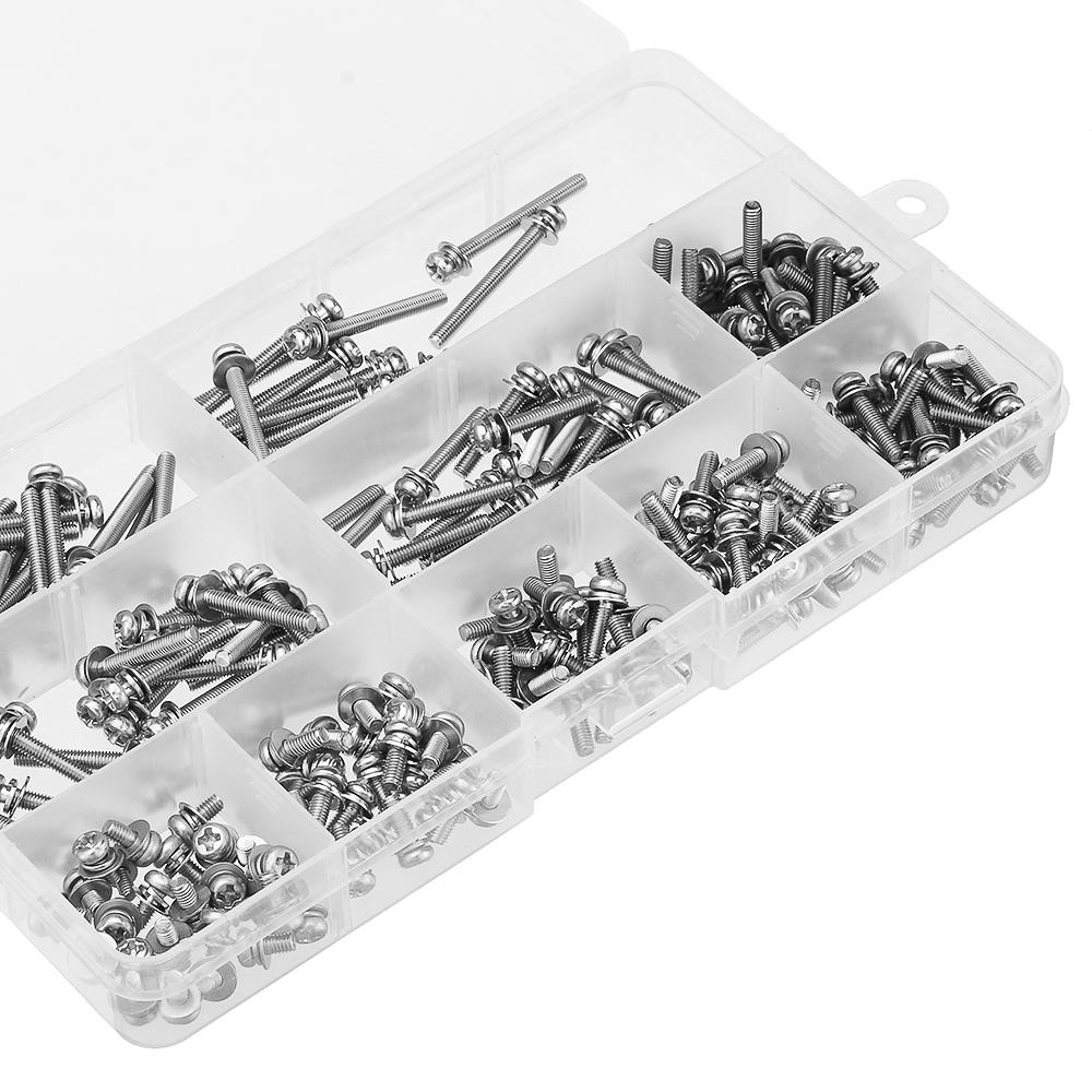 M3SP2 200Pcs M3 Stainless Steel 6-30mm Phillips Pan Head Machine Screw Washer Bolt Asortment