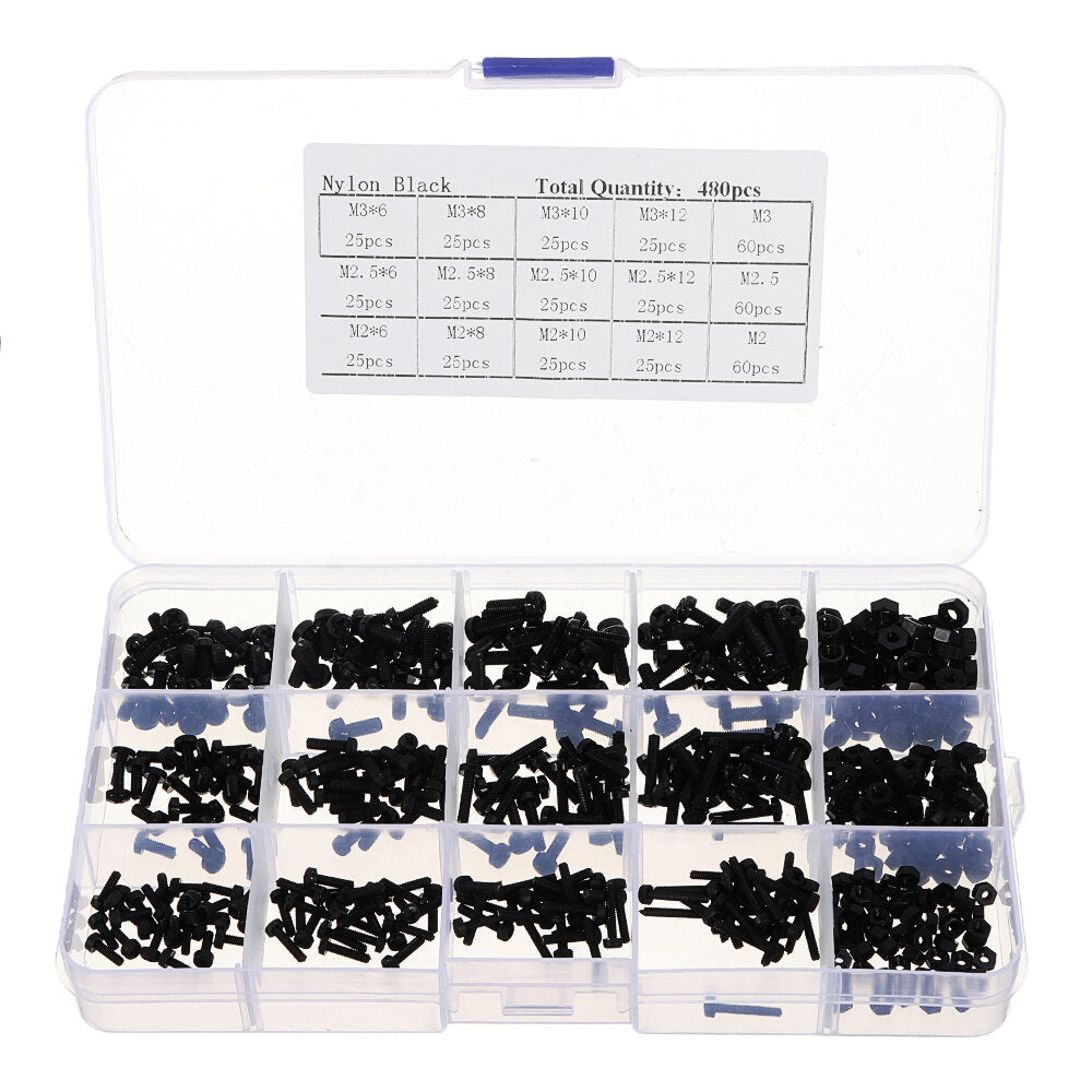480pcs White/Black M2/M2.5/M3 Nylon Plastic Phillips Screw Round Head Hex Nut Assortment Kits