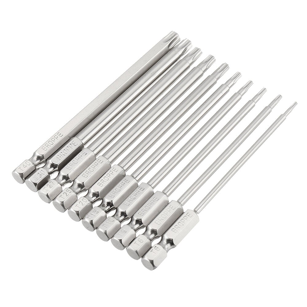 10Pcs S2 Alloy Steel T6-T40 100mm Magnetic Torx Screwdriver Bits 1/4 Inch Hex Shank