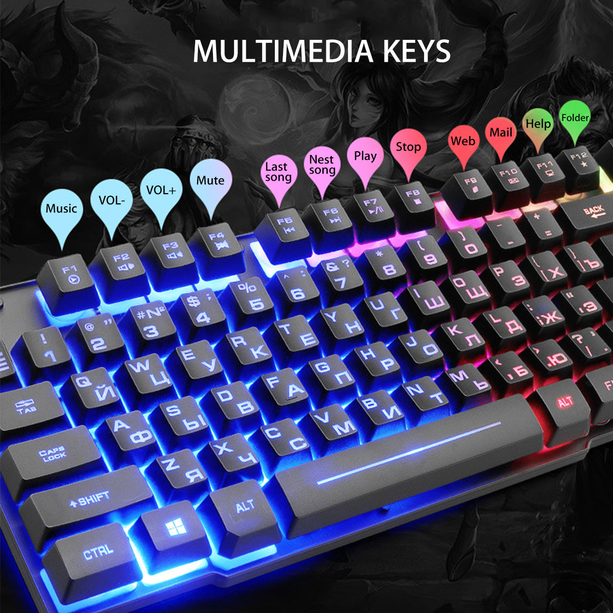 Keyboard & Mouse Combo 104 Keys Russian Version Wired Colorful Backlit Gaming Keyboard 2000DPI Optical Mouse Set with Mouse Pad