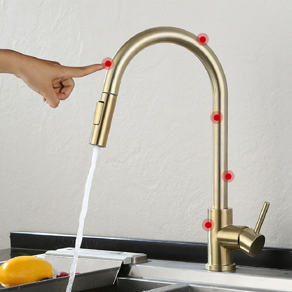 Brushed Gold Stainless Steel Kitchen Sink Faucets Mixer 360 Rotation Smart Touch Sensor Pull Out Hot Cold Water Tap Crane