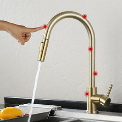 Brushed Gold Stainless Steel Kitchen Sink Faucets Mixer 360 Rotation Smart Touch Sensor Pull Out Hot Cold Water Tap Crane