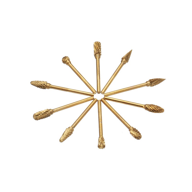 10Pcs Titanium Coated Tungsten Carbide Burr Rotary Drill Bits 1/8 Inch Shank Cutter Files