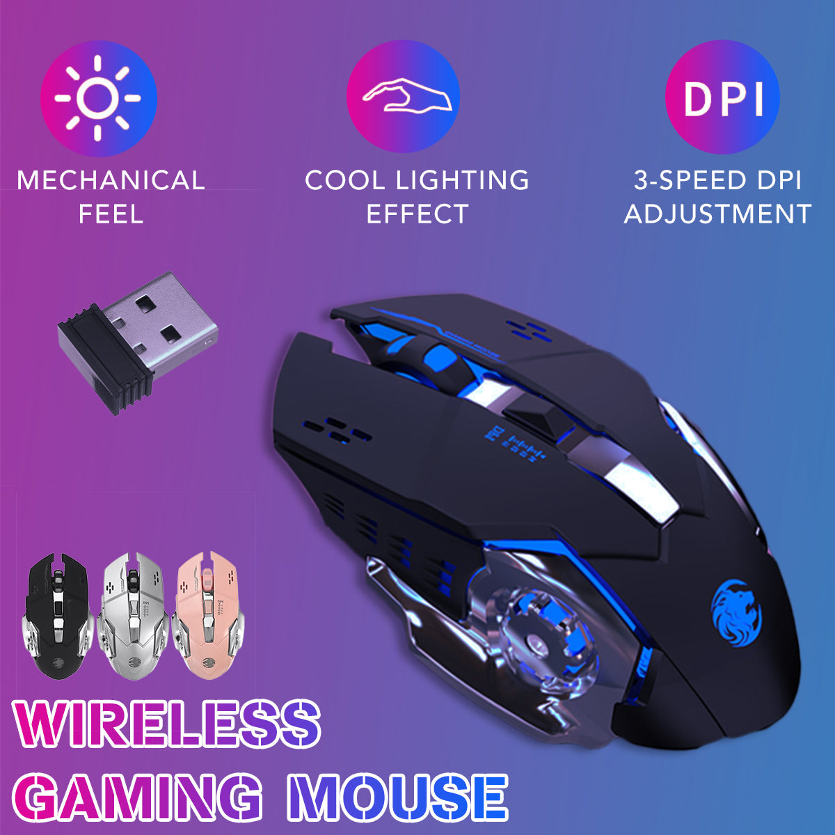 2.4 GHz Wireless Mouse 1600DPI Rechargeable Breathing LED Light Optical Mice with USB Receiver for PC Laptop Desktop