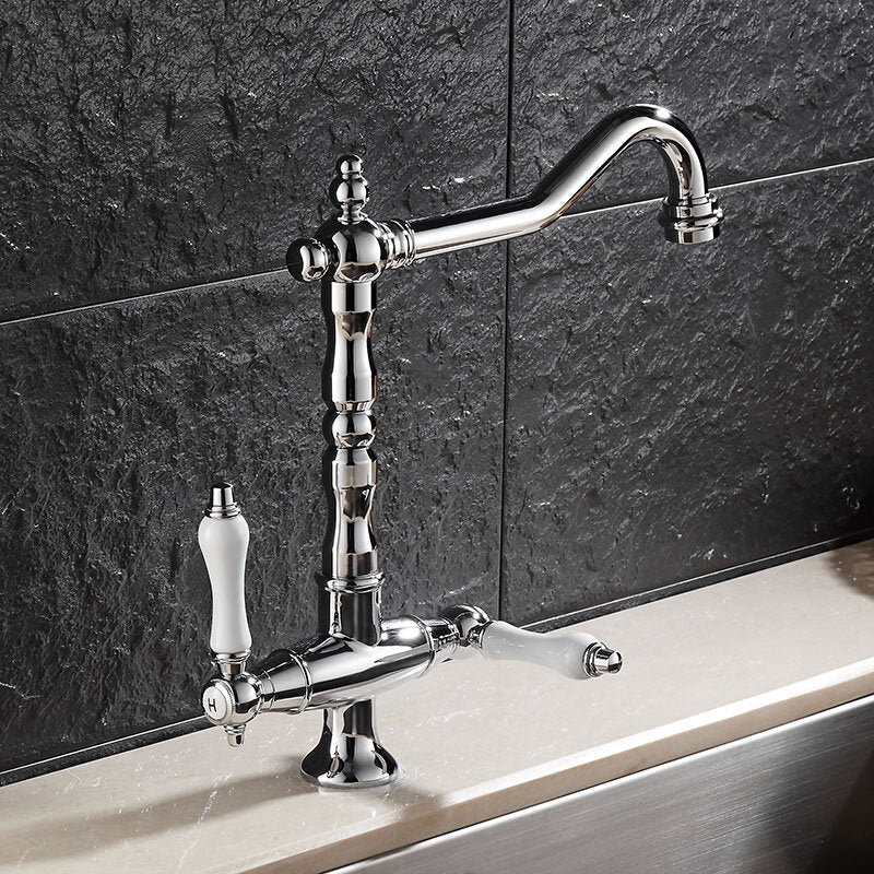 Dual Handle Kitchen Faucet Deck Mounted Single Hole Hot Cold Water Mixer Crane Kitchen Sink Faucets Chrome
