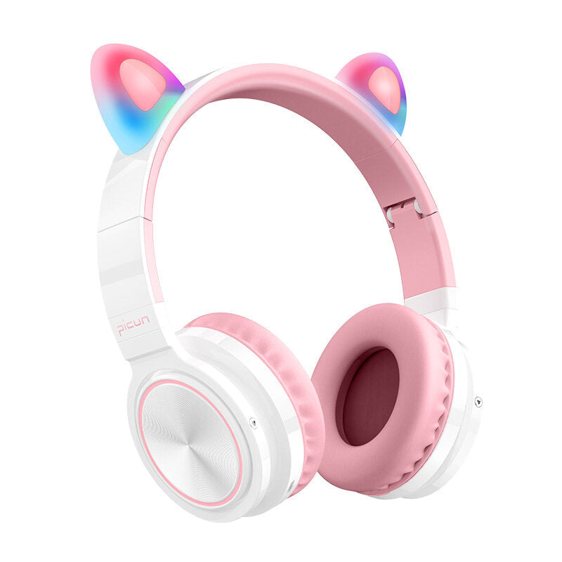 Lucky Cat Bluetooth Wireless Headset LED Light TF Card Cute Cat Ear Girls Earphone Hi-Fi Stereo Bass Headphone With Mic