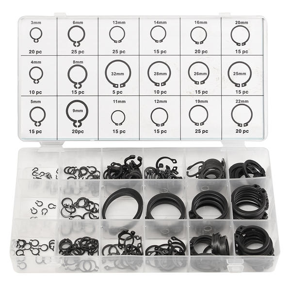 300Pcs 3-32mm Assorted External Circlip Snap Ring C-Clip Repairs Parts Case Box