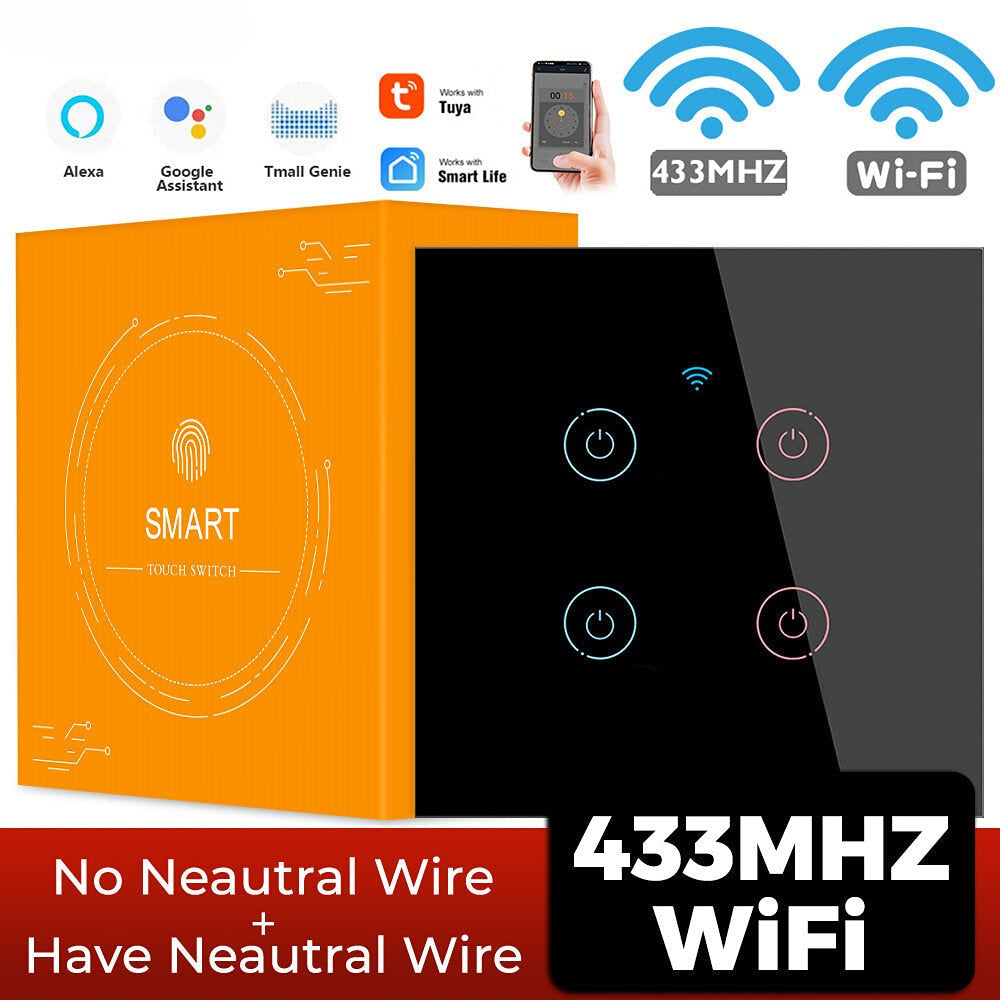 Smart Wifi Touch 433mhz Switch Light EU No Neutral Wire Required Remote Timing Control On Of for Alexa Google Home