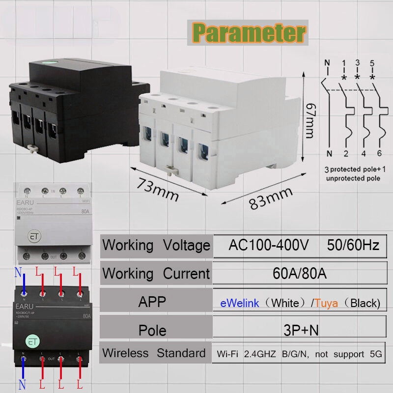 Smart Light Switch WIFI 63/80A Three Phase Circuit Breaker Timer Relay Switch Voice Remote Control Works With Tuya eWeLink APP Alexa Google Home