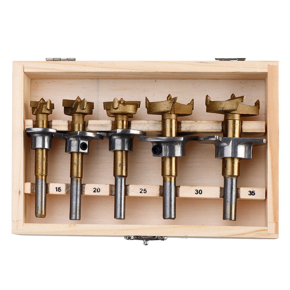 5PCS 15/20/25/30/35mm Forstner Drill Bit Set Titanium Coating Wood Auger Cutter Positioning Hole Saw Cutter Hinge Hole Opener
