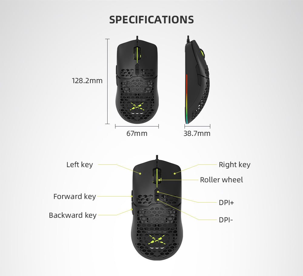 RGB Gaming Mouse USB Wired Lightweight Honeycomb Shell 7200DPI Ergonomic Mice with Soft Rope Cable For PC Laptop