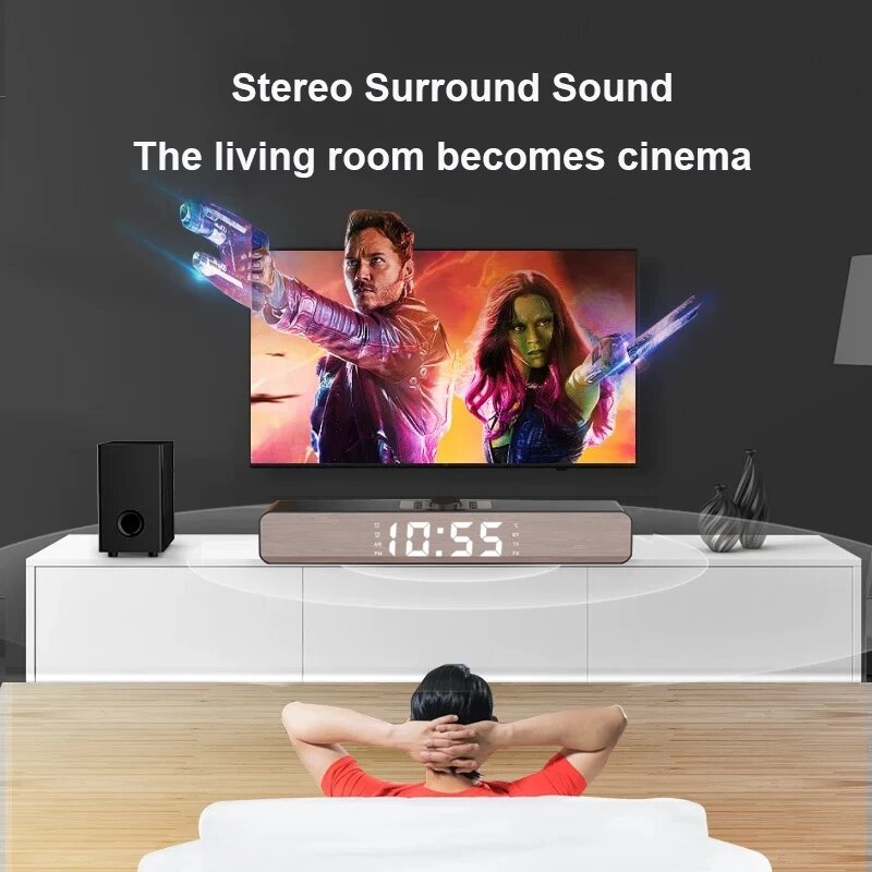 Alarm Clock Bluetooth Speaker With LED Digital Display Wired Wireless Home Theater Surround Sound Bar