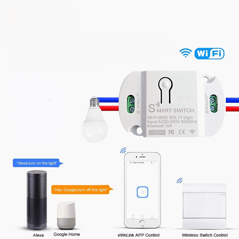 Mini WiFi+Bluetooth Smart Switch App Control Voice Control Light Intelligent Remote Control Switch Module for Smart Home Work with Alexa Google Home