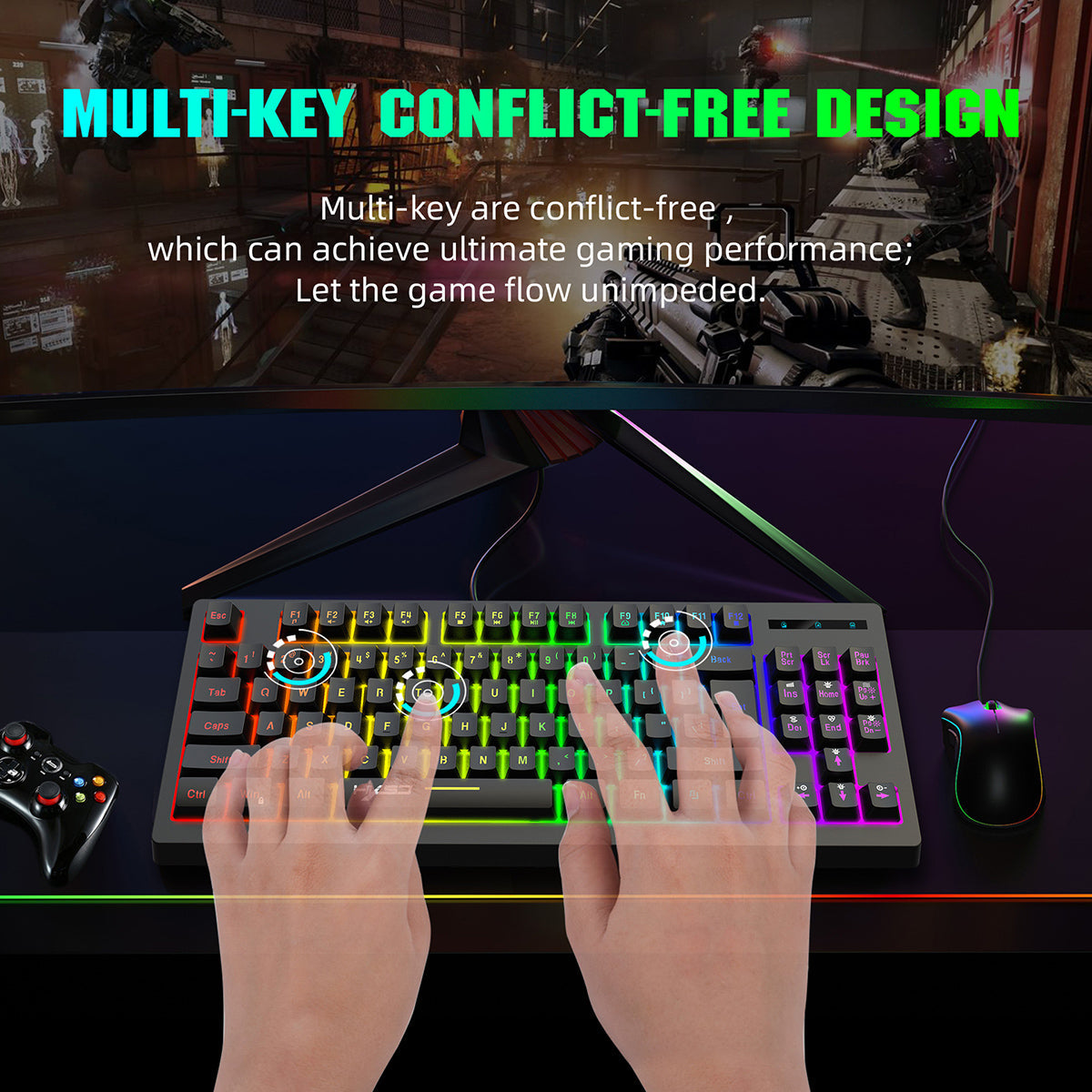 2.4G Wireless Keyboard 87 Keys Multimedia Function RGB Backlit Rechargeable Keyboard for Computer Laptop Home Office