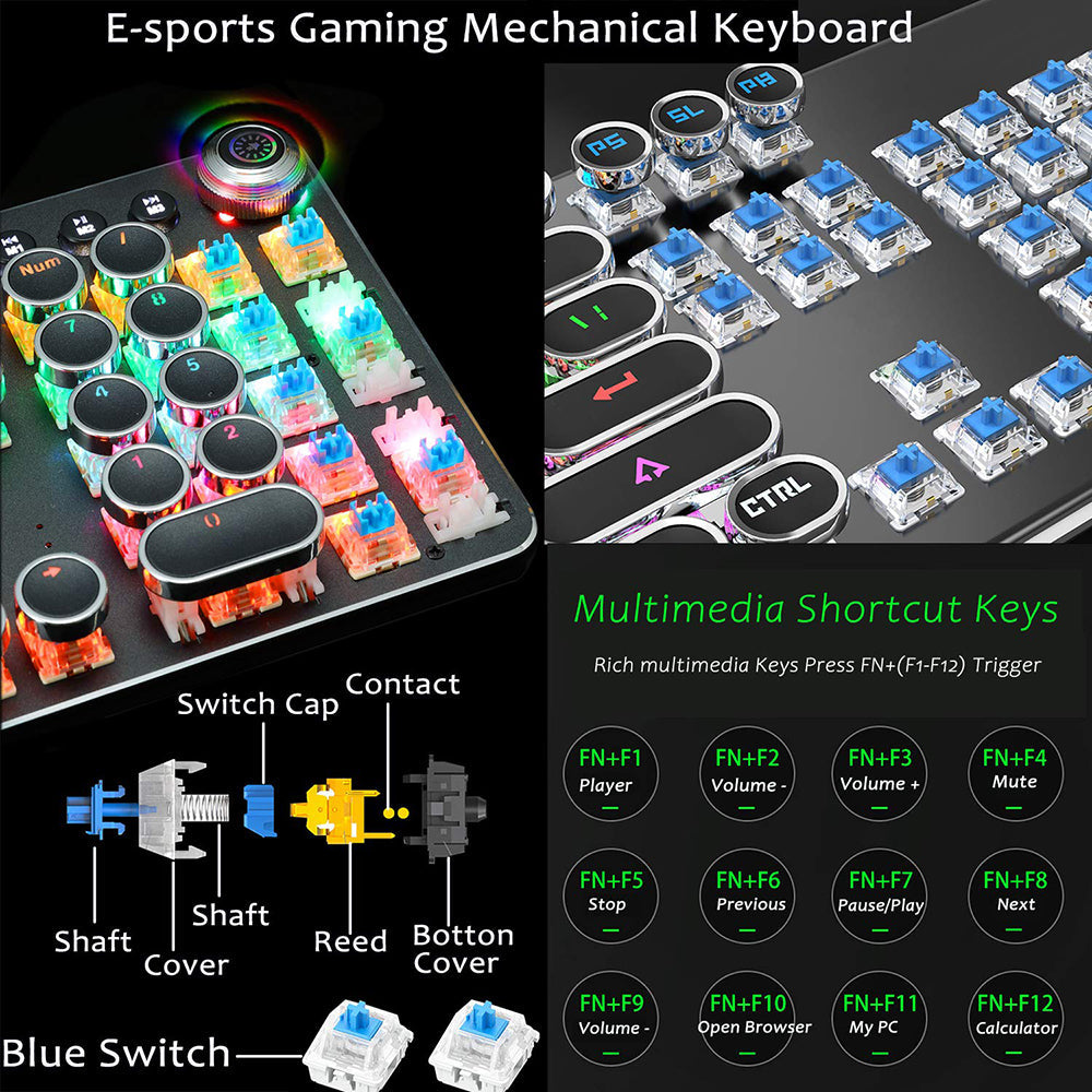 Mechanical Keyboard 104 Round Keys Plated Blue Switch RGB Backlit USB Wired Gaming Keyboard for Desktop Laptop Gamer