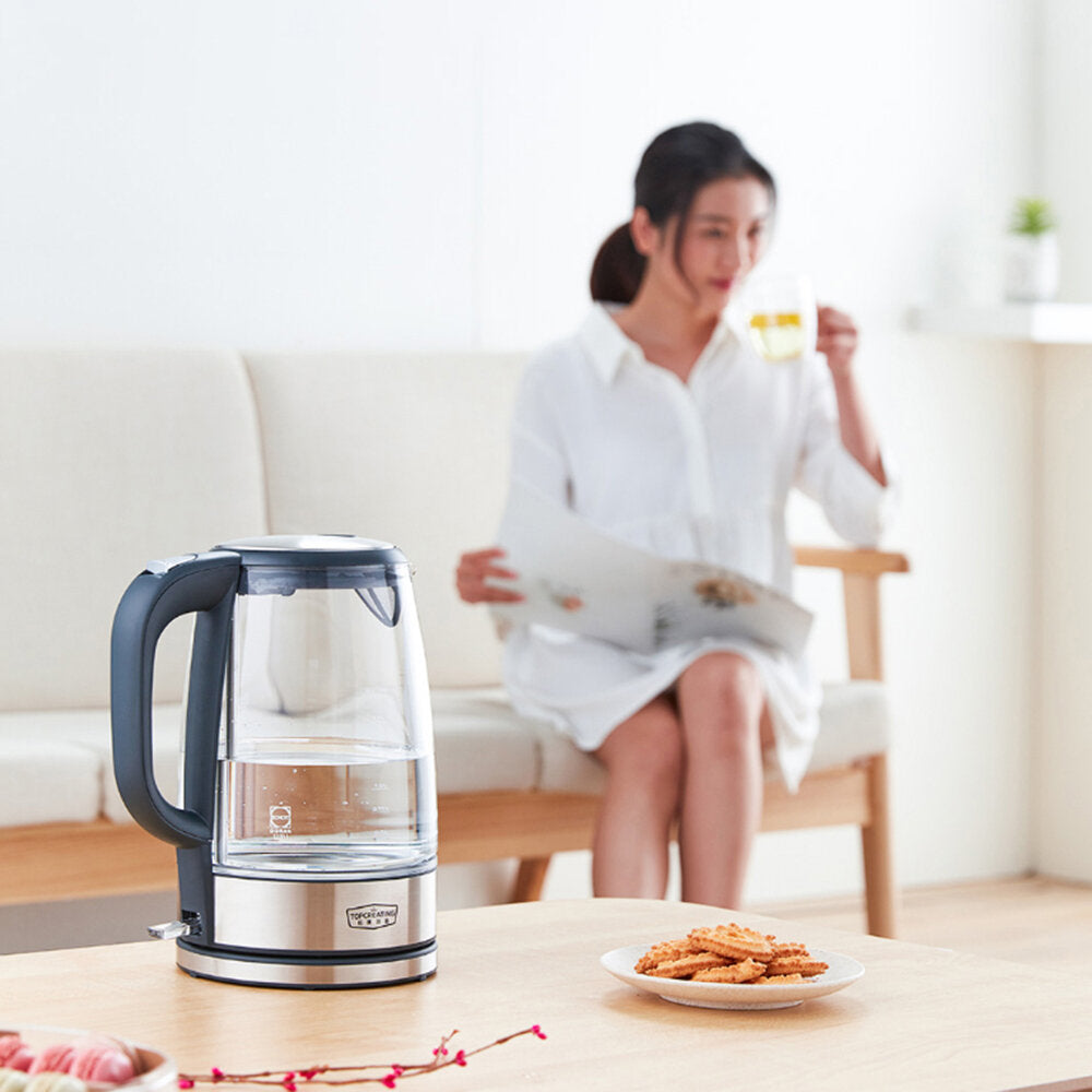 1.7L 1800W Electric Water Kettle Stainless Steel Glass Temperature Color Light Display Kitchen