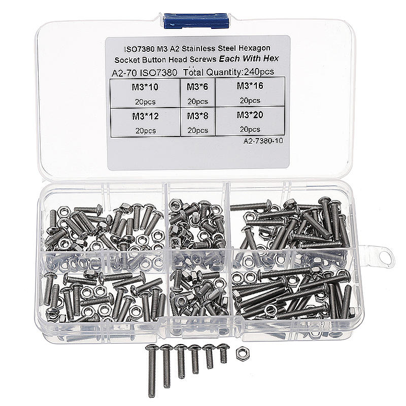 M3SH2 M3 Stainless Steel Hex Socket Button Head Cap Screw Bolts Nuts Assortment 240pcs