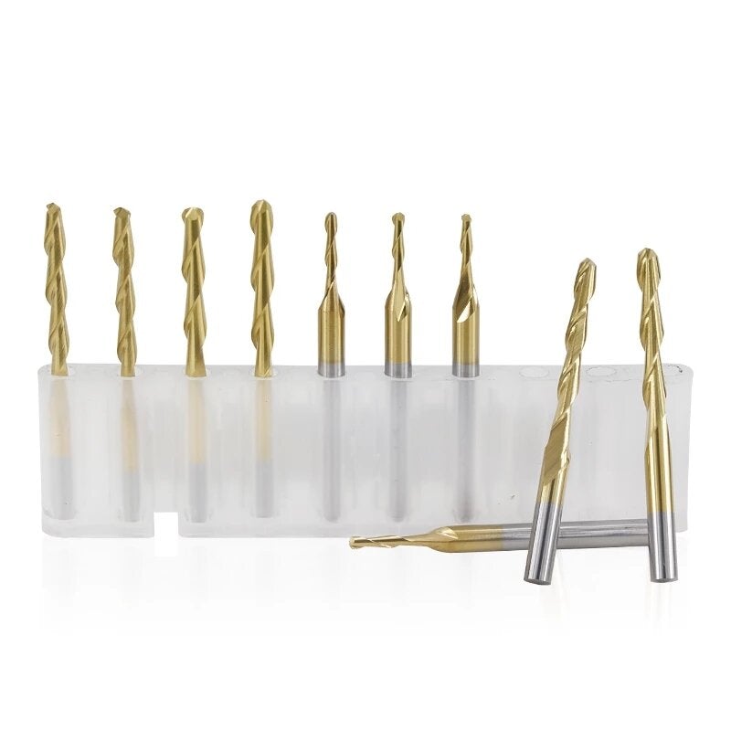 10Pcs 3.175mm Shank Titanium Coated Ball Nose End Mill Carbide Milling Cutter Spiral CNC Router Bit Engraving