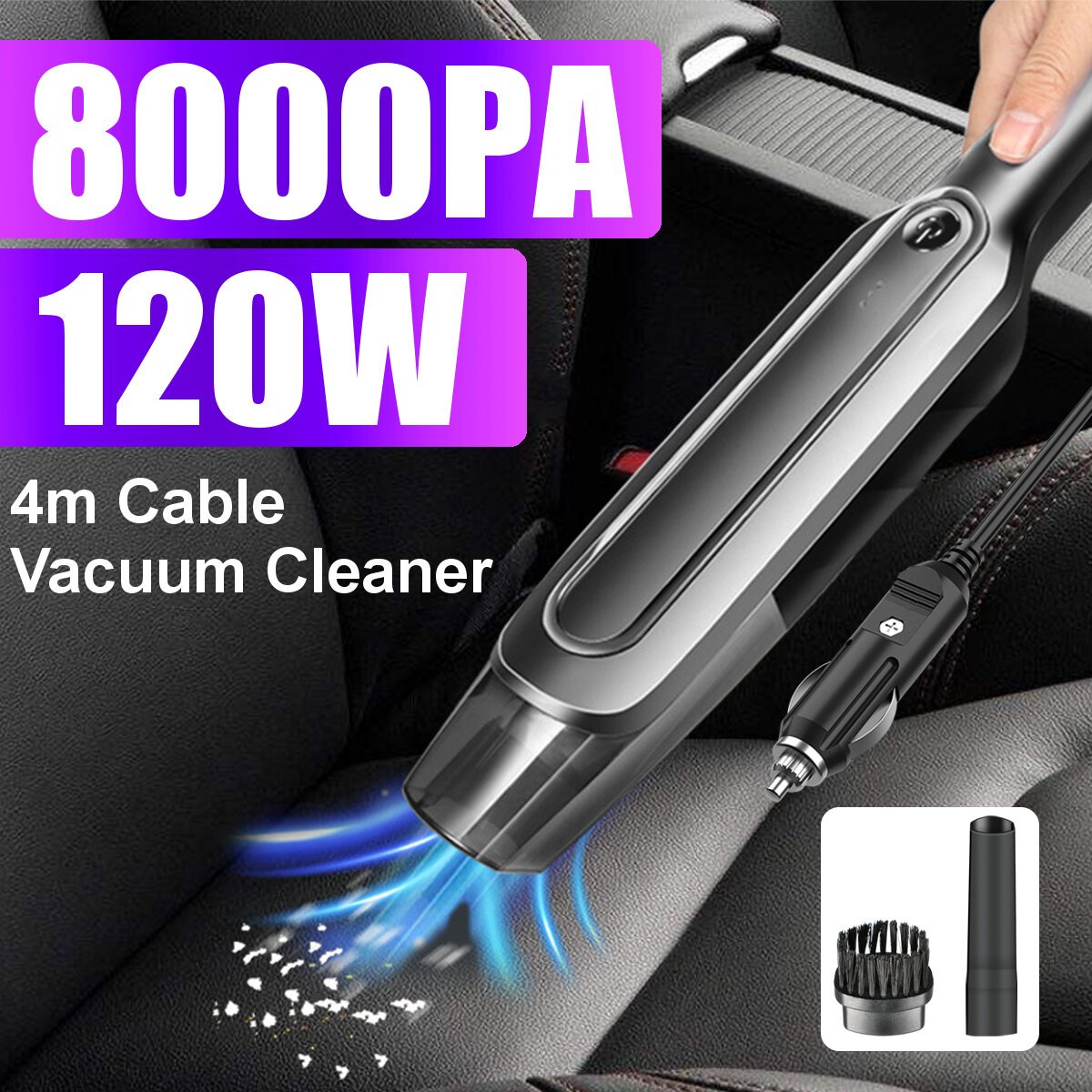 Handheld Car Vacuum Cleaner 120W 8000Pa Wet Dry Dual Use Lightweight Duster for Home Low Noise