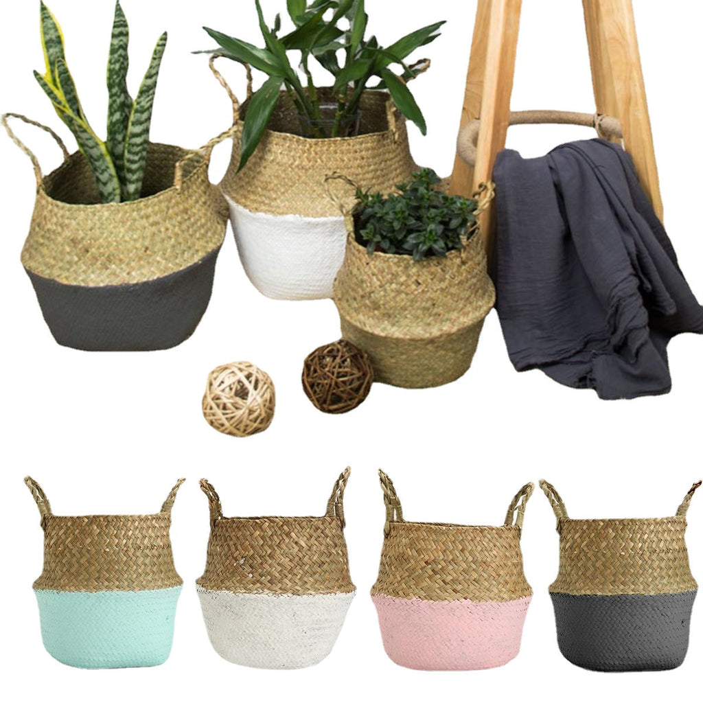 Foldable Rattan Straw Basket Flower Pot Hanging Wicker Storage Baskets Garden Accessories