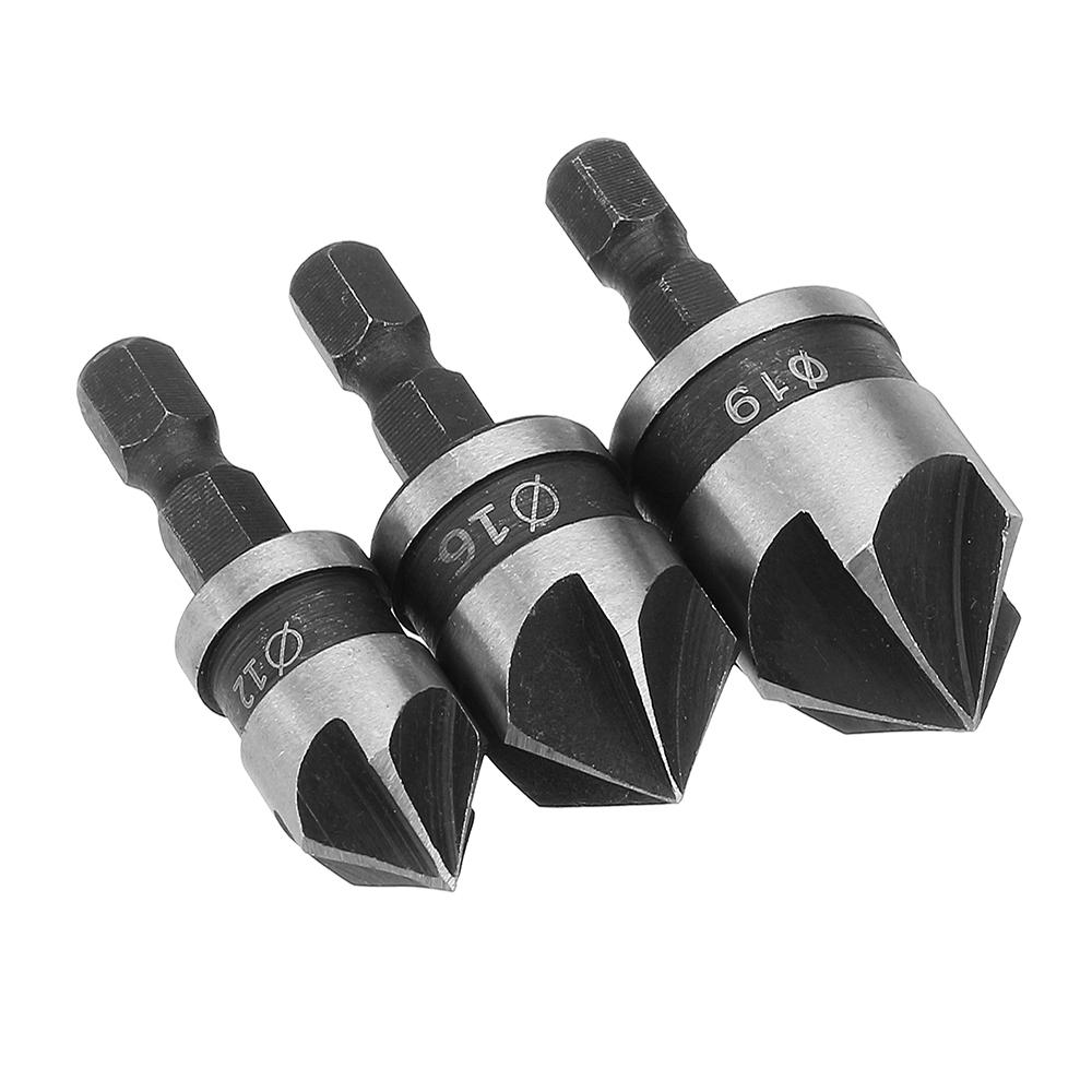 3pcs/Set 5 Flutes 90 Dgree Chamfer Cutter 1/4" Shank 12/16/19mm Countersink Drill Bit Kit