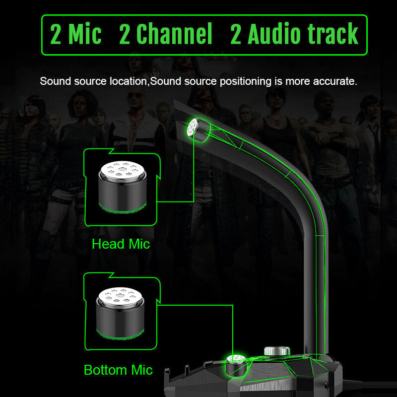 Multifunctional USB 3.5mm LED Wired Omnidirectionnel Game Microphone with Dual Mics HD Smart Sound Card for Computer Laptop