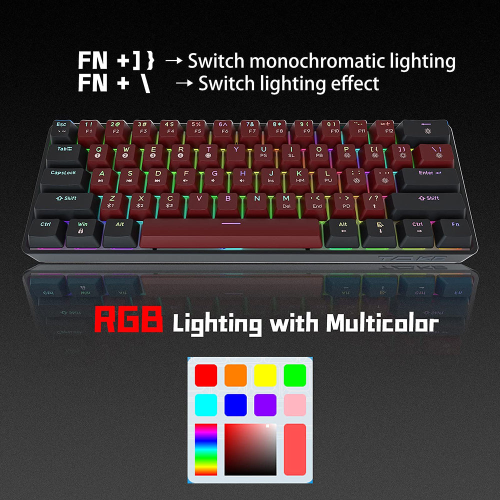 Programmable Gaming Mechanical Keyboard 61 Keys Full-Key PBT Translucent Keycaps Dual-Mode Bluetooth 5.1 Type-C Wired 60% Compact Keyboard