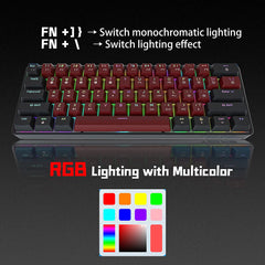 Programmable Gaming Mechanical Keyboard 61 Keys Full-Key PBT Translucent Keycaps Dual-Mode Bluetooth 5.1 Type-C Wired 60% Compact Keyboard