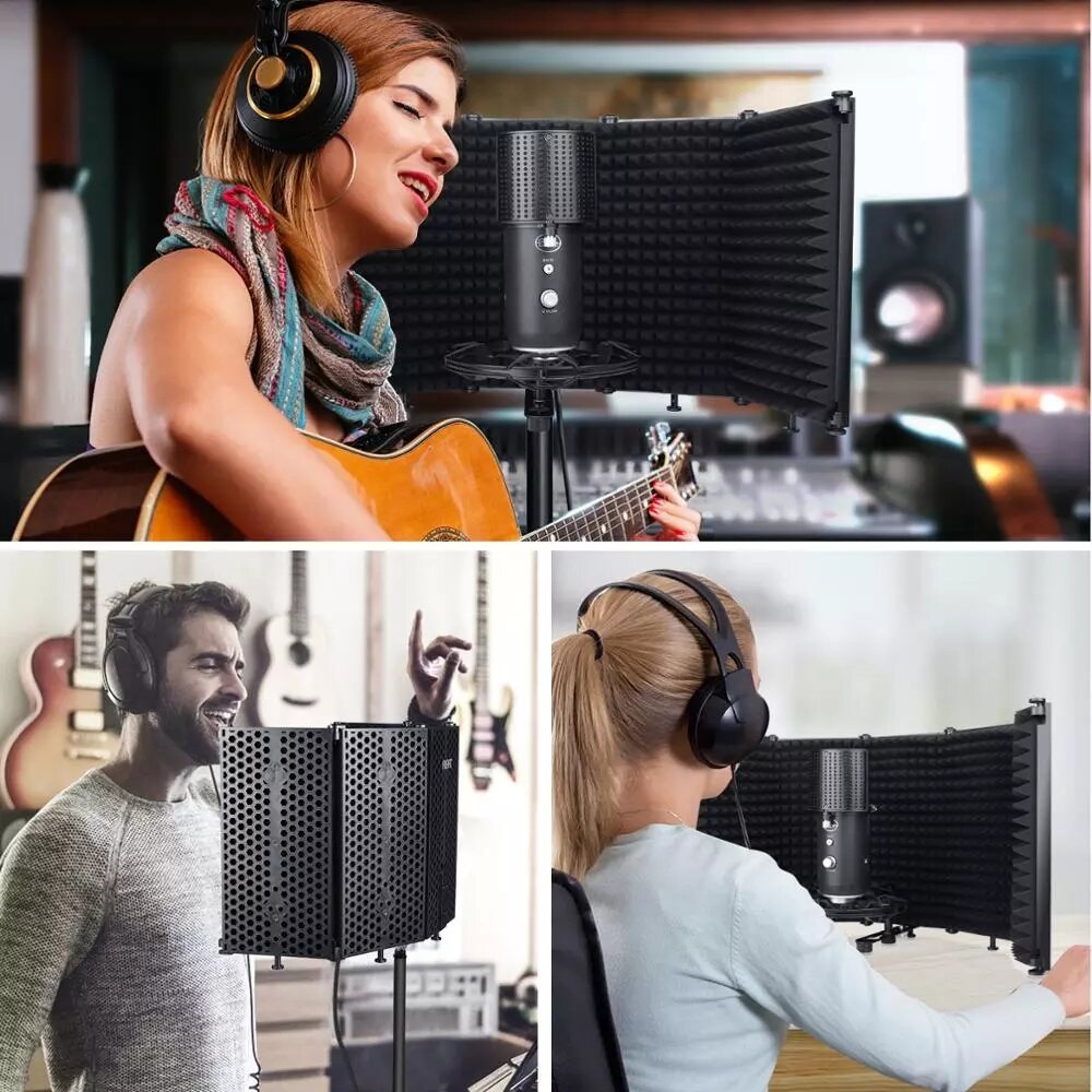 microphone Isolation Shield 5-Panel Wind Screen Foldable 3/8" and 5/8" Threaded High Density Absorbing Foam for Recording Studio