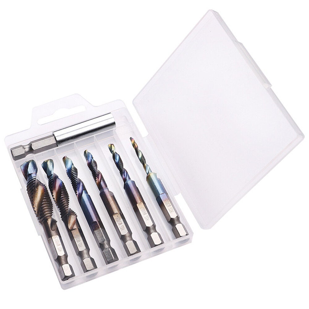 7Pcs M3-M10 6.2mm Hex Shank Blue Coated Screw Thread Metric Compound Tap Drill Bits with Extension Rod