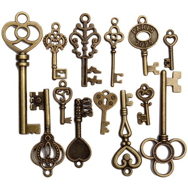 13pcs Antique Vintage Skeleton Key Lot Set Pendant Heart Bow Lock Steampunk Jewel
