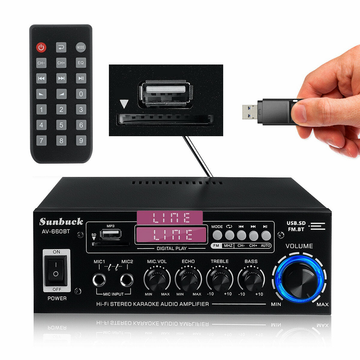 2000W Bluetooth 5.0 Audio Power Amplifier EQ Stereo AMP Car Home 2CH AUX USB FM Radio