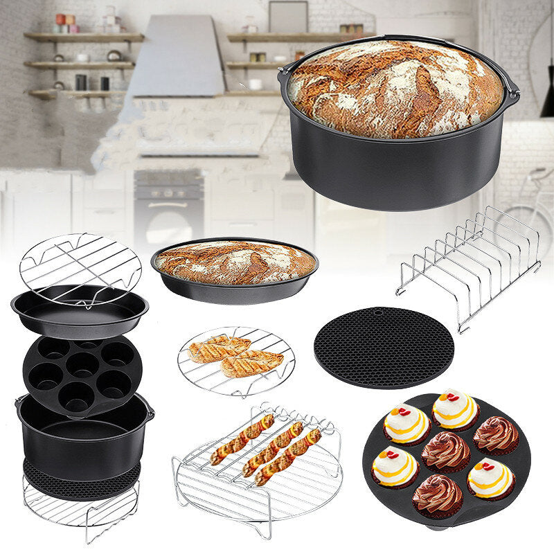 9inch 12pcs/Set Air Fryer With Baking Pad Pot Silicone Mat BBQ Grill Pan Multi-Purpose Cooking Accessories