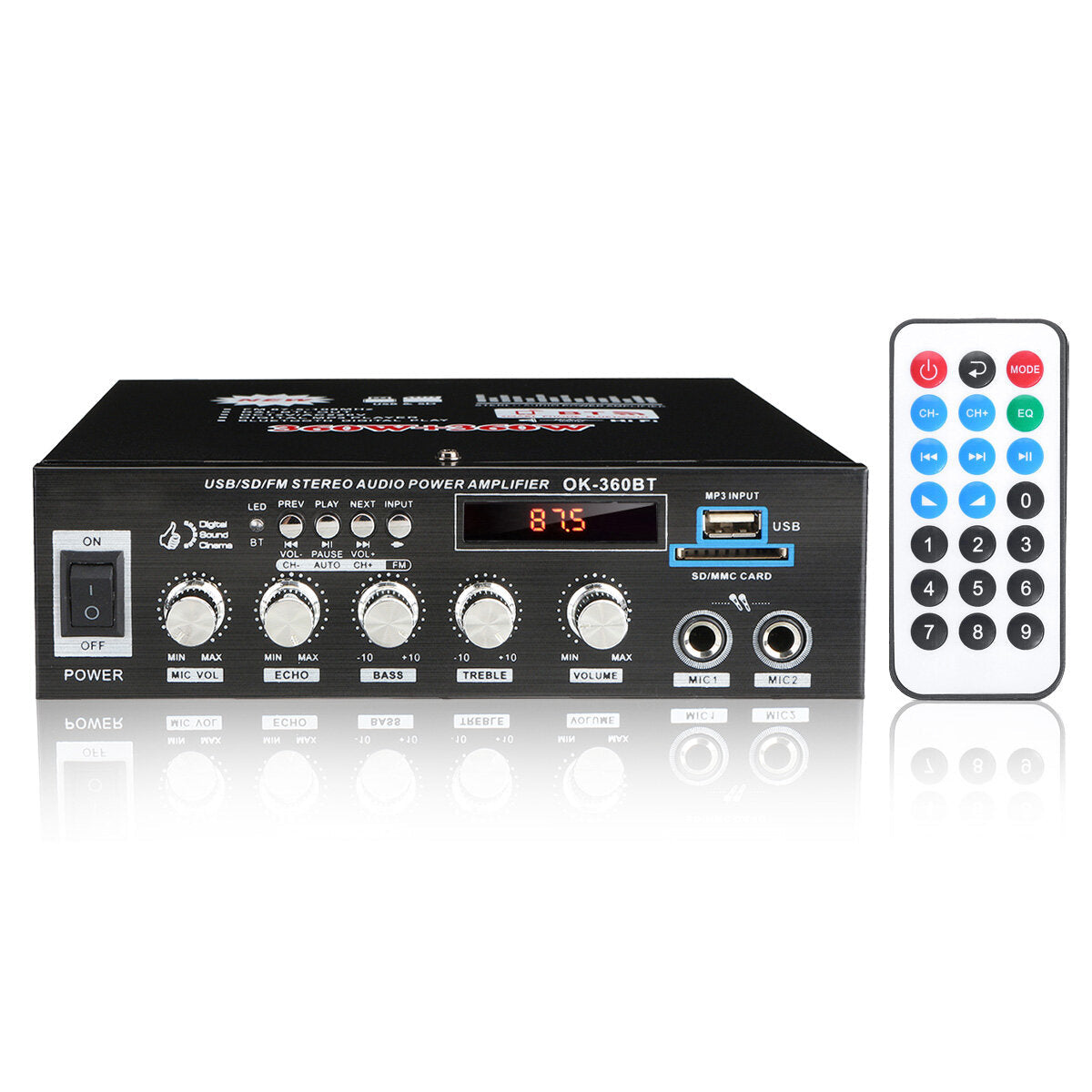2CH Bluetooth Hi-Fi Stereo Power Amplifier Digital Audio Tuner Support FM Radio 2 Microphone USB SD Home Theater System Karaoke Car
