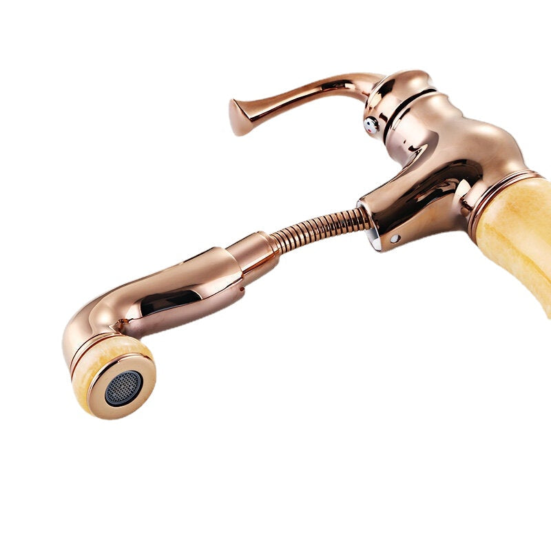 Copper Retro Antique Bathroom Basin Pull Out Faucet Down Sprayer Single Hole Hot Cold Mixer Tap 360 Rotation