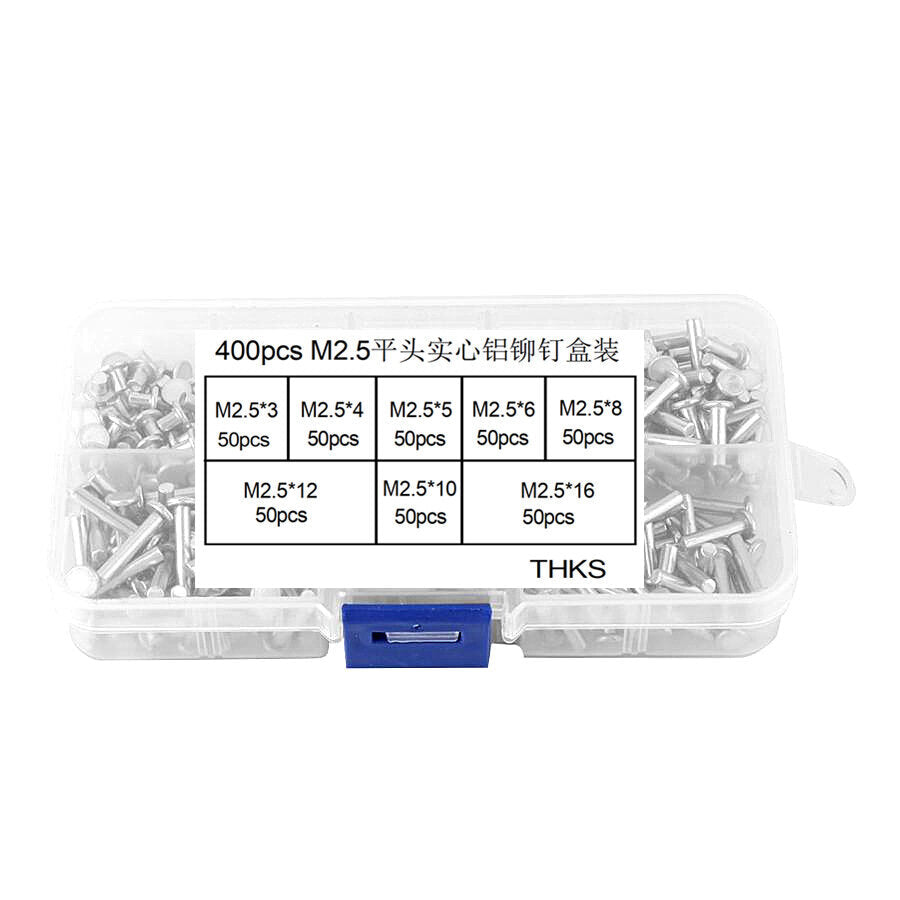 400Pcs M2 M2.5 Flat Head Solid Aluminum Rivets Assortment Kit