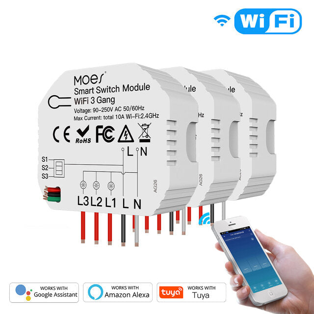 Mini WiFi Smart Light Switch 3 Gang 1/2 Way Module Smart Life/Tuya App Control Works with Amazon Alexa Google Home
