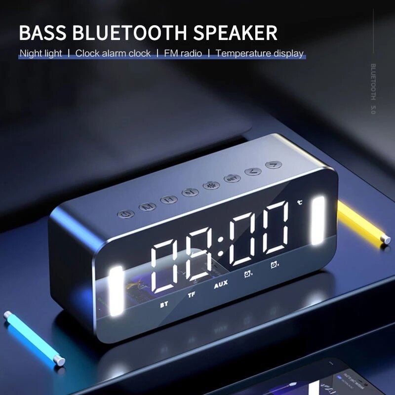 Bluetooth 5.0 Full-Range Speaker 2500mAh Stereo Bass LED Display Digital Electronic Clock FM Radio Bass Portable Speaker