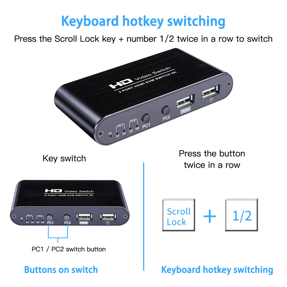 HD Video Switch 2 Port HDMI KVM Switch 4K Share Switcher Splitter Box to Share Printer Keyboard Mouse