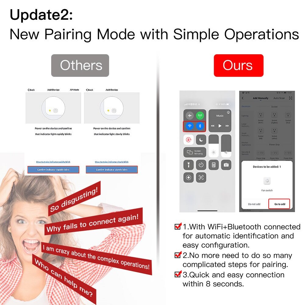 WiFi RF433 Smart Ceiling Fan Switch Smart Life/Tuya App 2/3 Way Control Wireless Remote Control Works with Alexa and Google