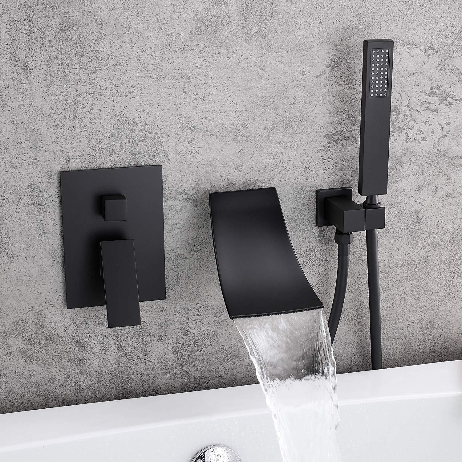 Waterfall Wall-Mount Tub Faucet with Handheld Shower Head Chrome Spout Bathtub Hand Solid Brass Wall Mount Filler for Bathroom